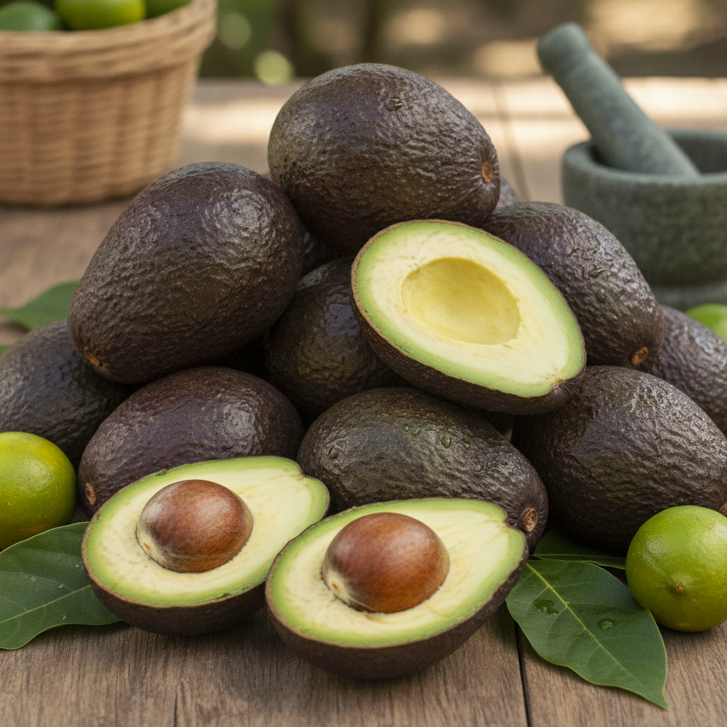 Ripe Hass avocados, whole and halved, showing green flesh and large brown seeds